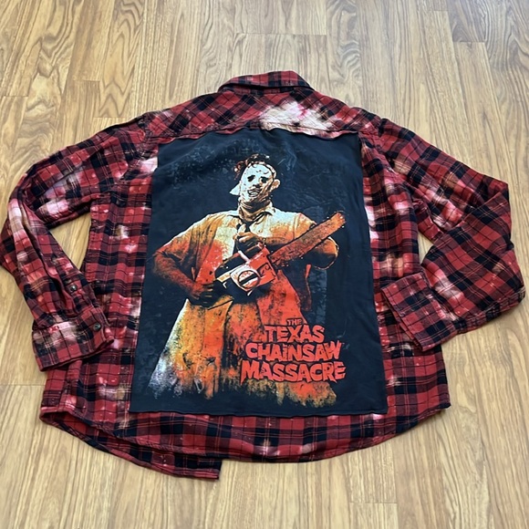 The Texas Chainsaw Massacre Bleached Flannel Shirt Upcycled unisex Large - Picture 2 of 6